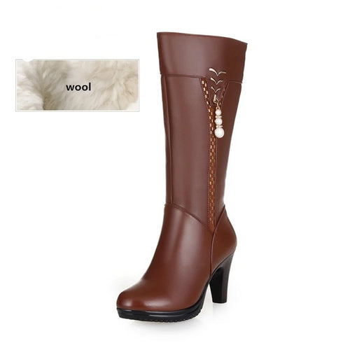 2019 Winter Women Genuine Leather High-heeled Boots